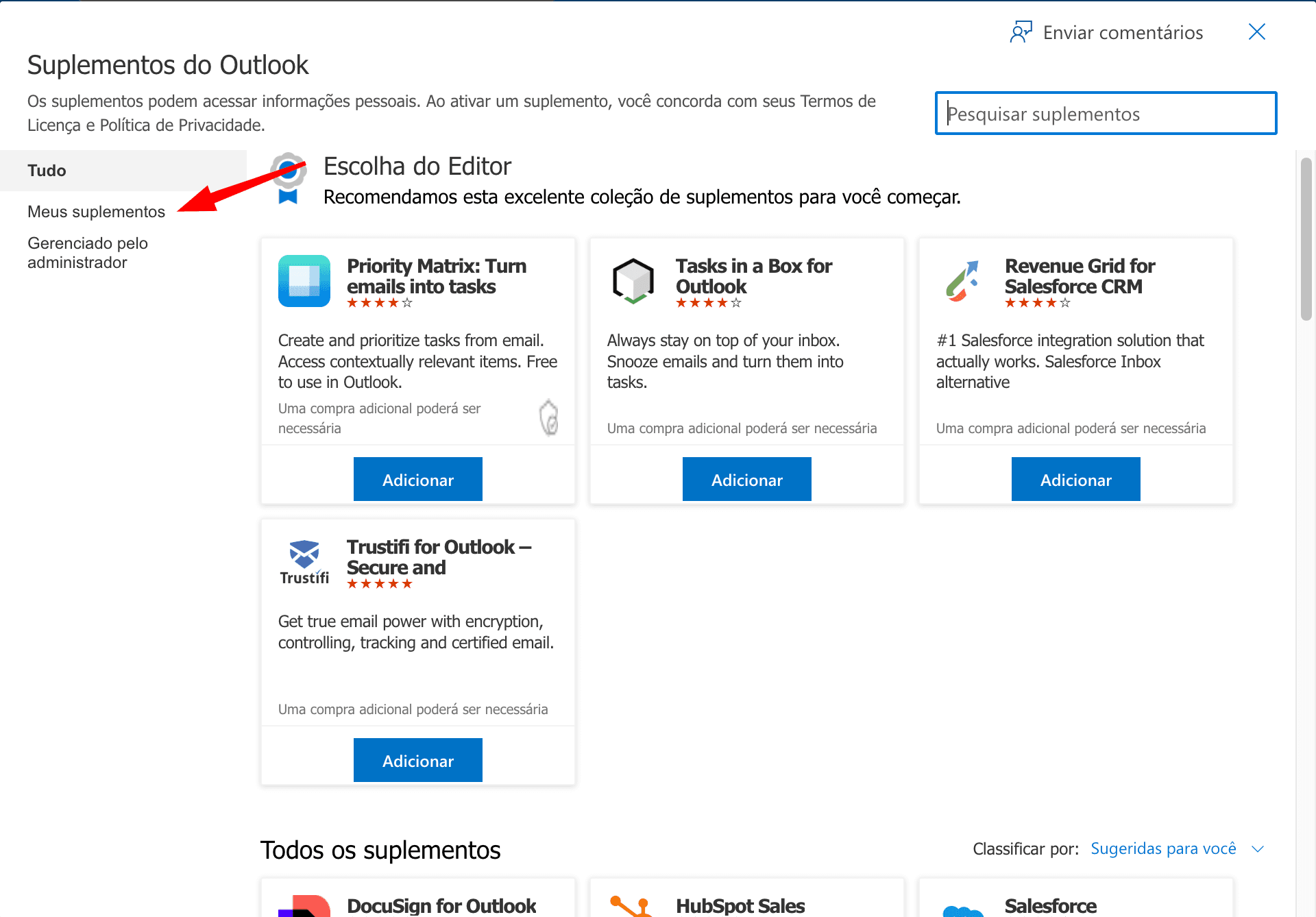 Janela Suplementos para Outlook aberta